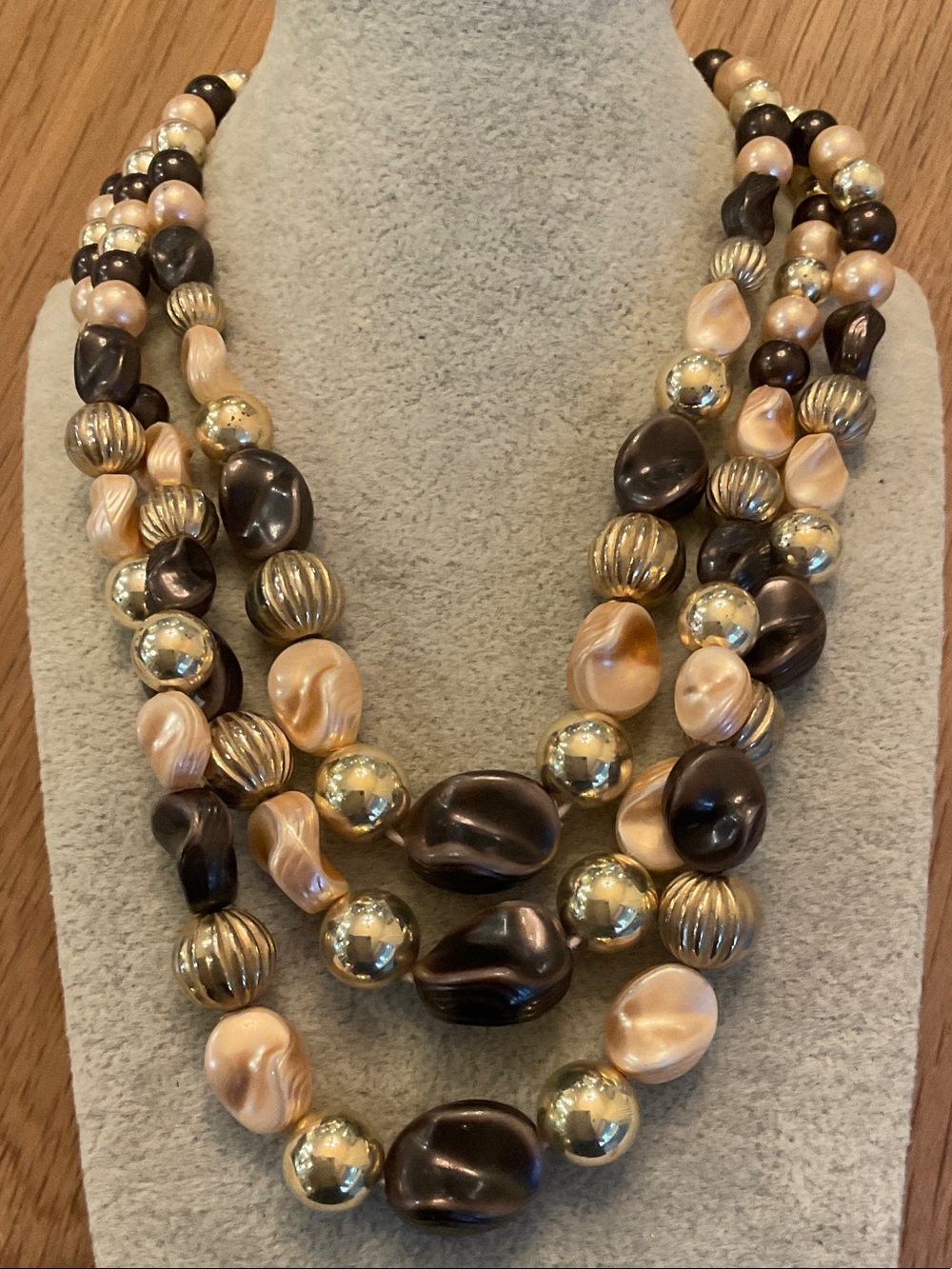 Vintage Multi-Strand Faux Pearl and Bead Necklace in Champagne and Chocolate